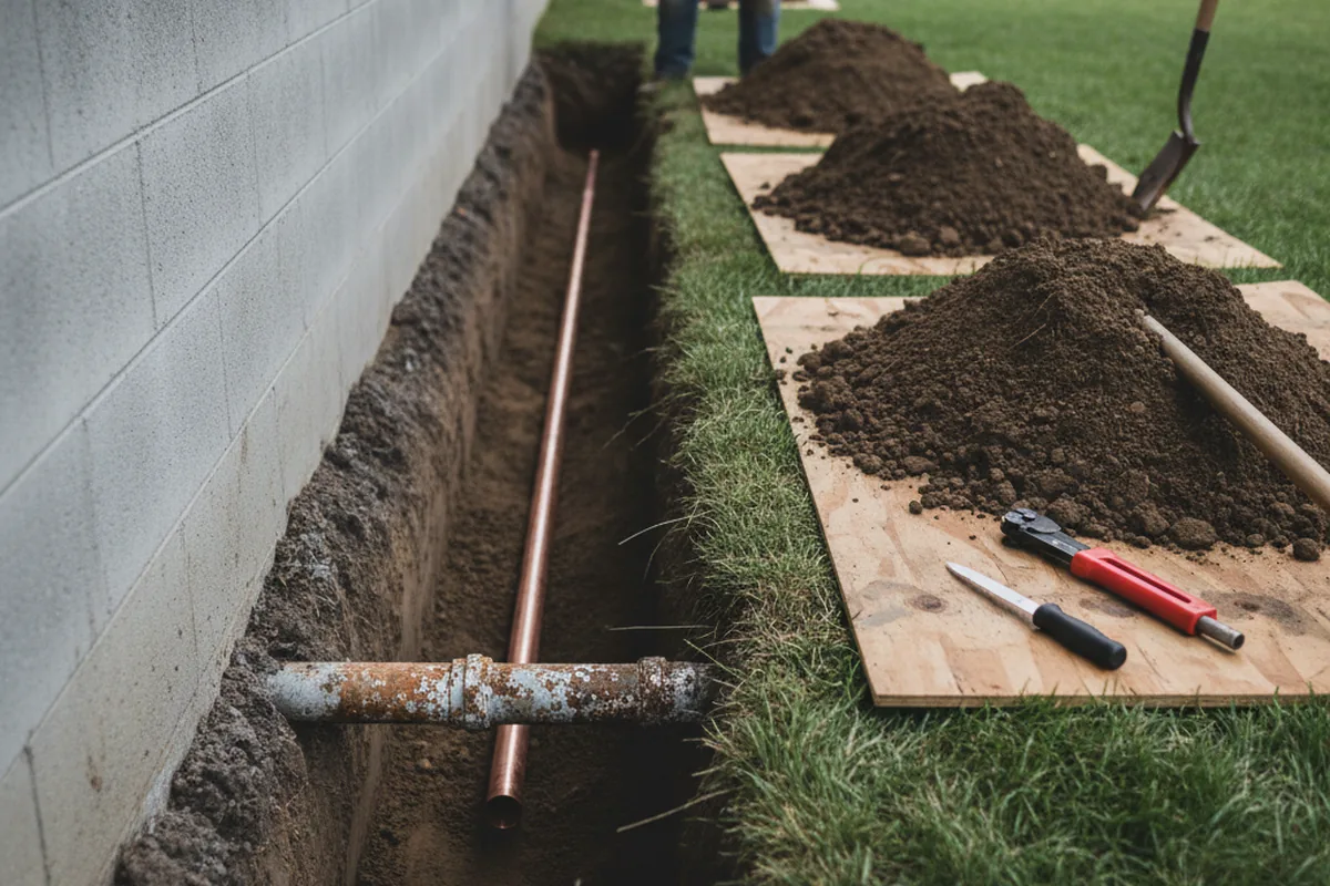 Excavated water line trench during Water Softener Installation in Rolesville